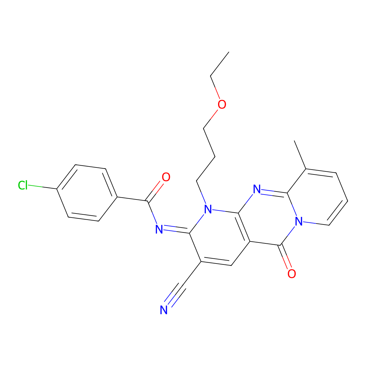 (E)-4-chloro-N-(3-cyano-1-(3-ethoxypropyl)-10-methyl-5-oxo-1H-dipyrido[1,2-a:2',3'-d]pyrimidin-2(5H)-ylidene)benzamide molecular structure, CAS 848686-70-4