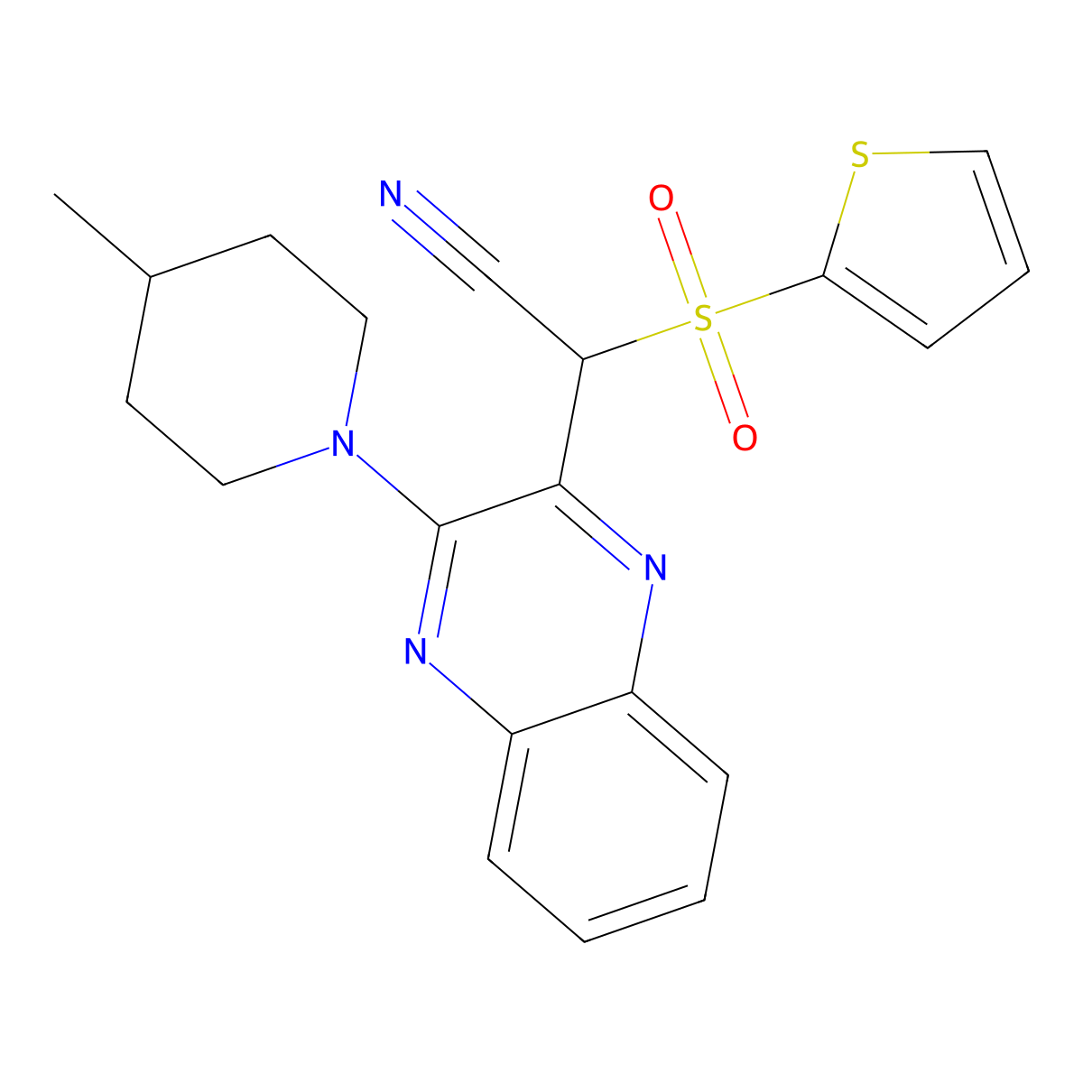 2-(3-(4-Methylpiperidin-1-yl)quinoxalin-2-yl)-2-(thiophen-2-ylsulfonyl)acetonitrile molecular structure, CAS 848686-92-0