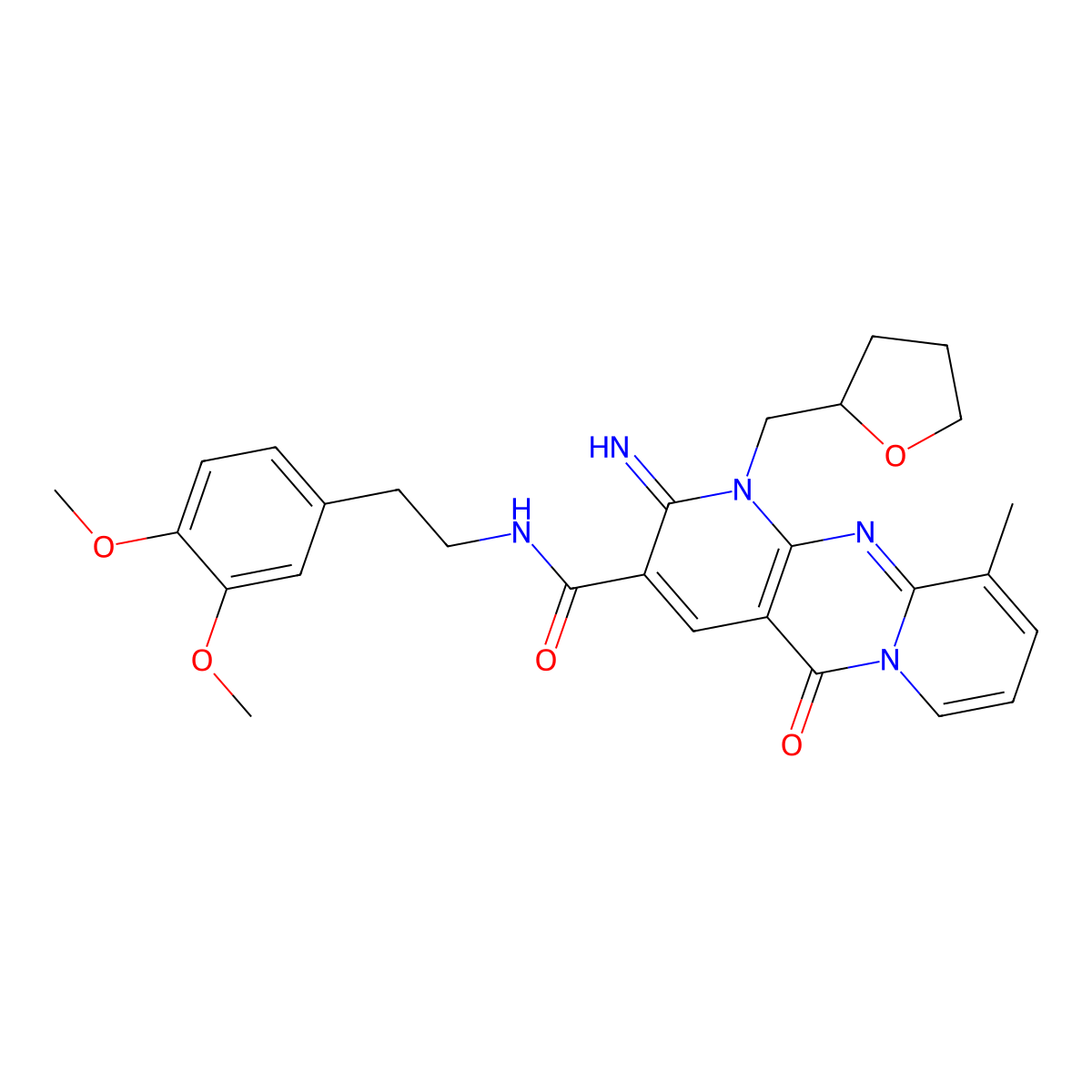 N-[2-(3,4-dimethoxyphenyl)ethyl]-2-imino-10-methyl-5-oxo-1-(tetrahydrofuran-2-ylmethyl)-1,5-dihydro-2H-dipyrido[1,2-a:2',3'-d]pyrimidine-3-carboxamide molecular structure, CAS 848687-01-4