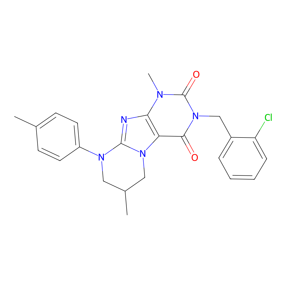 3-[(2-chlorophenyl)methyl]-1,7-dimethyl-9-(4-methylphenyl)-1H,2H,3H,4H,6H,7H,8H,9H-pyrimido[1,2-g]purine-2,4-dione molecular structure, CAS 848688-00-6