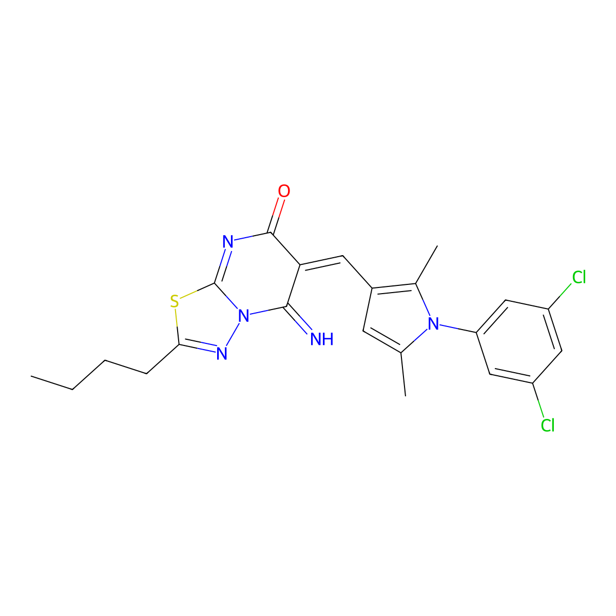 2-Butyl-6-[[1-(3,5-dichlorophenyl)-2,5-dimethyl-1H-pyrrol-3-yl]methylene]-5,6-dihydro-5-imino-7H-1,3,4-thiadiazolo[3,2-a]pyrimidin-7-one molecular structure, CAS 848688-63-1