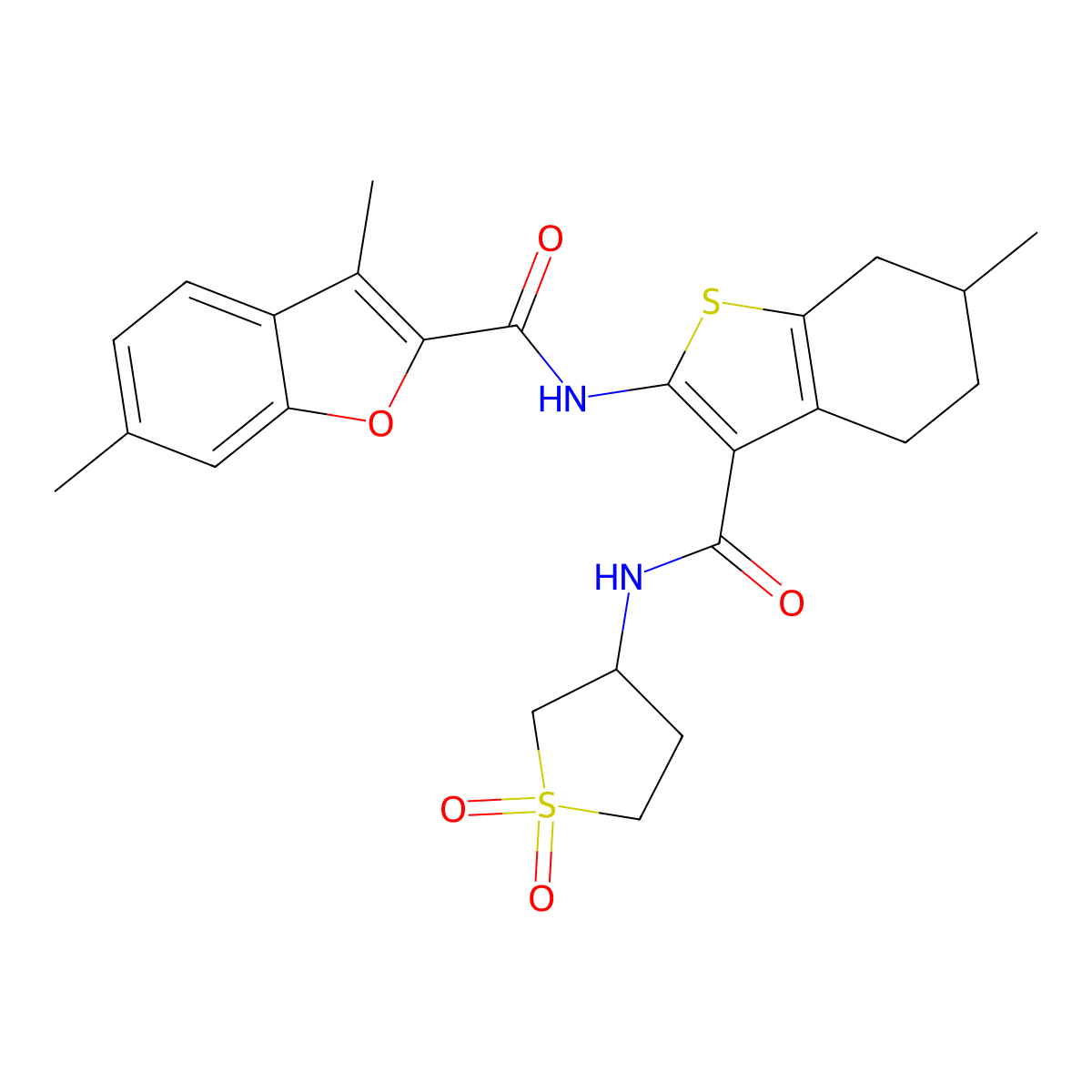 N-{3-[(1,1-dioxidotetrahydrothiophen-3-yl)carbamoyl]-6-methyl-4,5,6,7-tetrahydro-1-benzothiophen-2-yl}-3,6-dimethyl-1-benzofuran-2-carboxamide molecular structure, CAS 848689-25-8