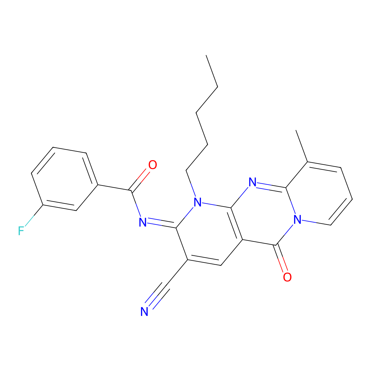 (E)-N-(3-cyano-10-methyl-5-oxo-1-pentyl-1H-dipyrido[1,2-a:2',3'-d]pyrimidin-2(5H)-ylidene)-3-fluorobenzamide molecular structure, CAS 848690-25-5