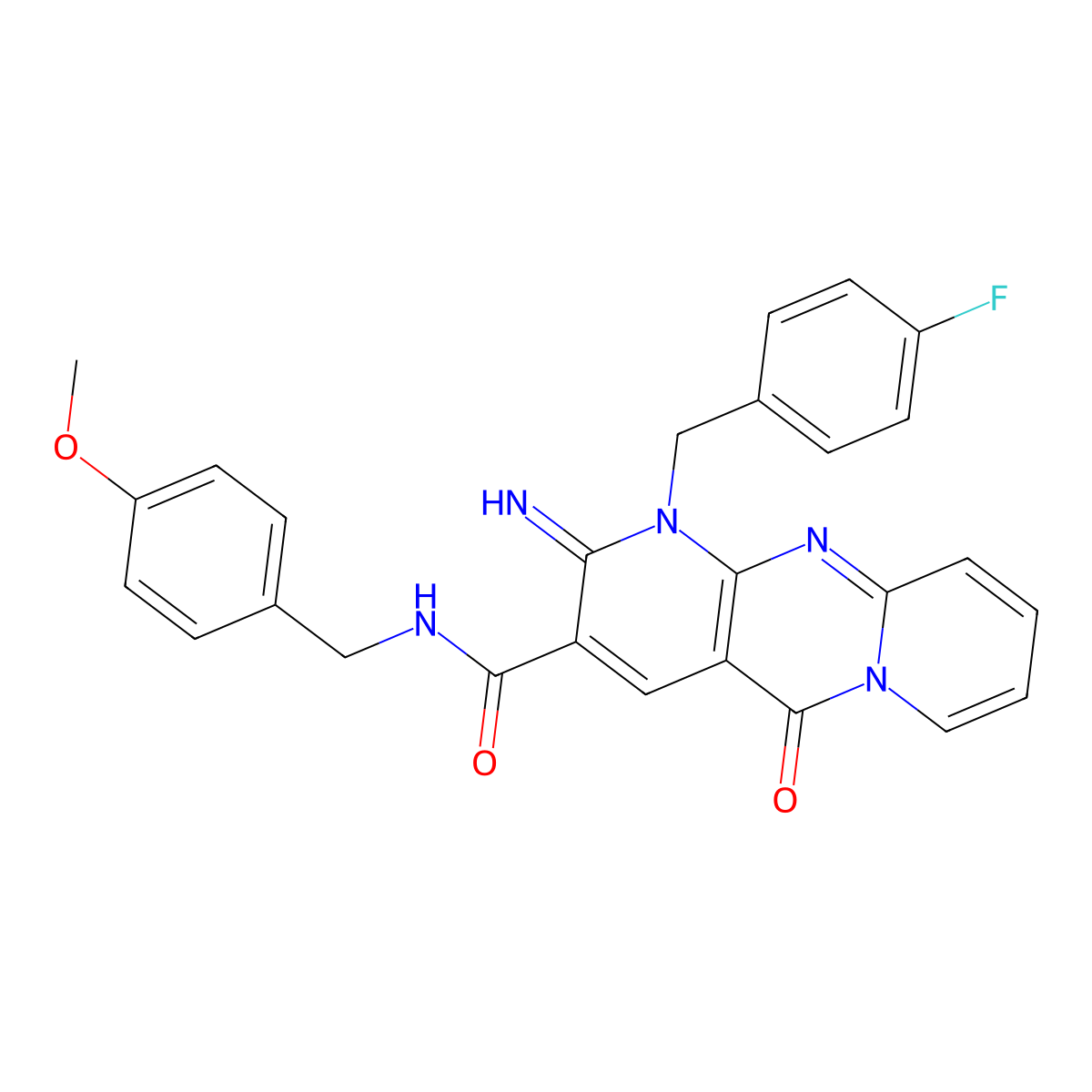 7-[(4-fluorophenyl)methyl]-6-imino-N-[(4-methoxyphenyl)methyl]-2-oxo-1,7,9-triazatricyclo[8.4.0.0^{3,8}]tetradeca-3(8),4,9,11,13-pentaene-5-carboxamide molecular structure, CAS 848726-59-0