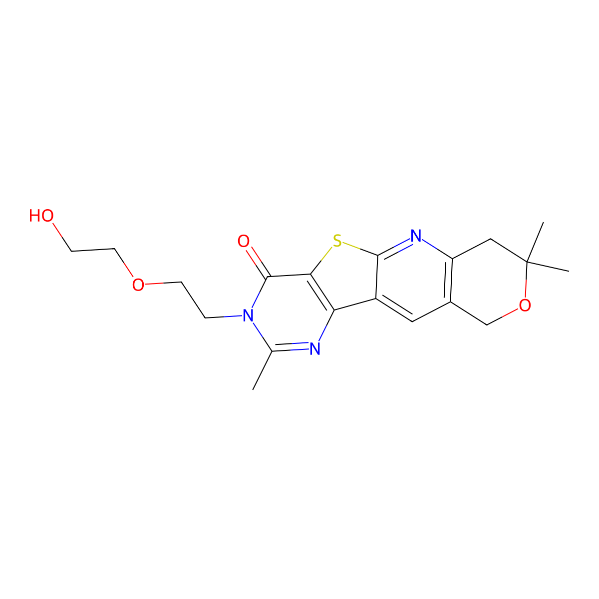 3-(2-(2-hydroxyethoxy)ethyl)-2,8,8-trimethyl-7,8-dihydro-3H-pyrano[3'',4'':5',6']pyrido[3',2':4,5]thieno[3,2-d]pyrimidin-4(10H)-one molecular structure, CAS 848726-75-0