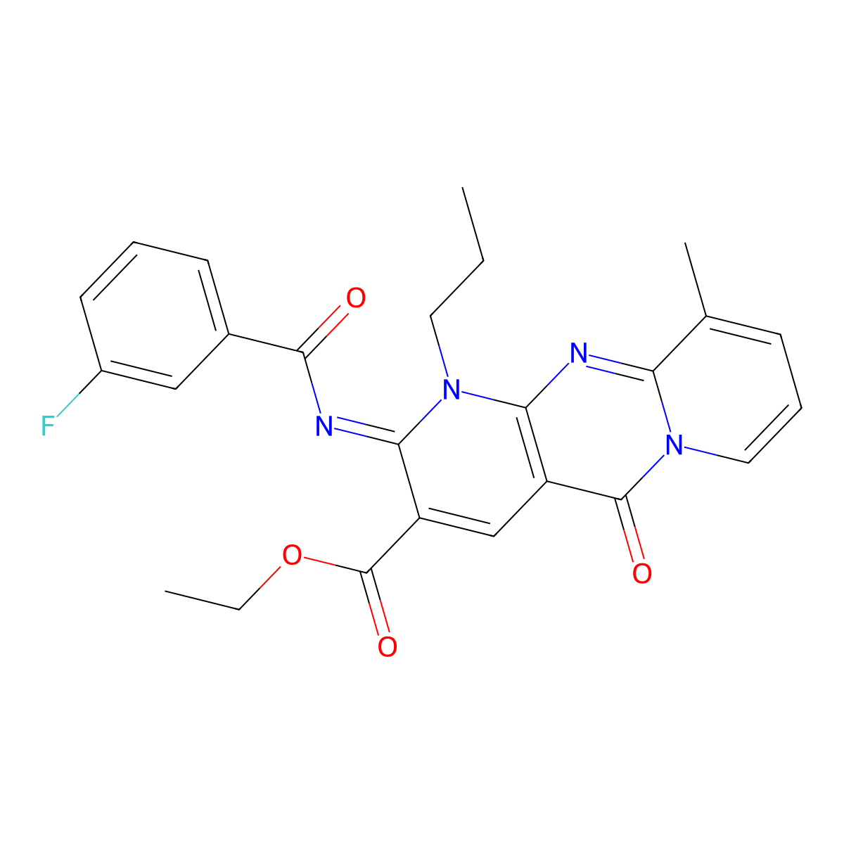 (Z)-ethyl 2-((3-fluorobenzoyl)imino)-10-methyl-5-oxo-1-propyl-2,5-dihydro-1H-dipyrido[1,2-a:2',3'-d]pyrimidine-3-carboxylate molecular structure, CAS 848727-04-8