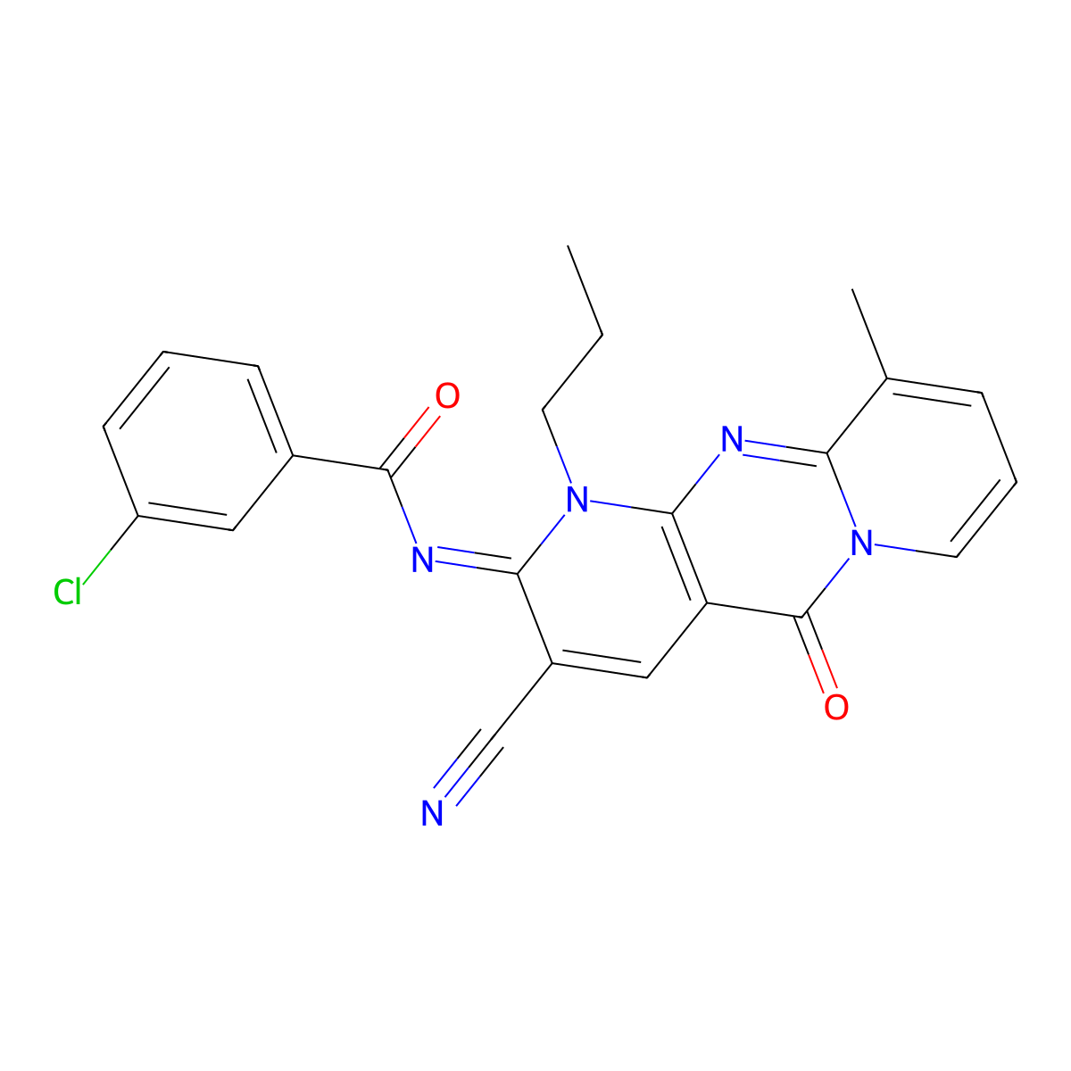 (E)-3-chloro-N-(3-cyano-10-methyl-5-oxo-1-propyl-1H-dipyrido[1,2-a:2',3'-d]pyrimidin-2(5H)-ylidene)benzamide molecular structure, CAS 848727-38-8