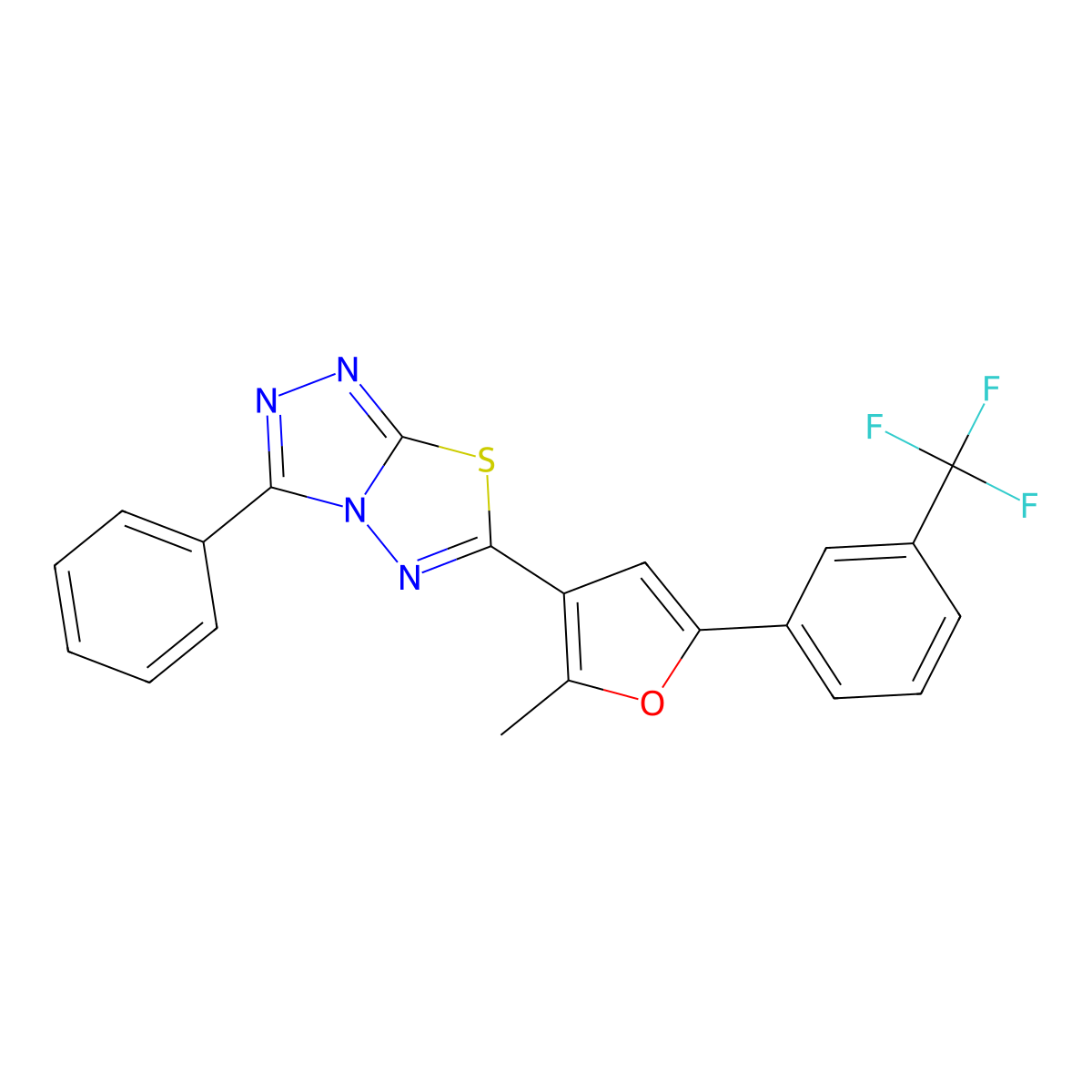 6-(2-Methyl-5-(3-(trifluoromethyl)phenyl)furan-3-yl)-3-phenyl-[1,2,4]triazolo[3,4-b][1,3,4]thiadiazole molecular structure, CAS 848727-74-2