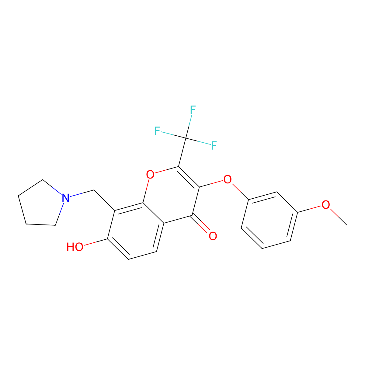 7-hydroxy-3-(3-methoxyphenoxy)-8-(pyrrolidin-1-ylmethyl)-2-(trifluoromethyl)-4H-chromen-4-one molecular structure, CAS 848727-84-4