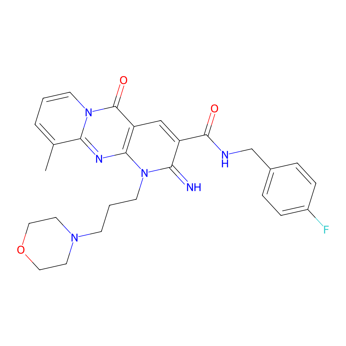 2-Imino-8-methyl-1-(3-morpholin-4-yl-propyl)-10-oxo-1,10-dihydro-2H-1,9,10a-triaza-anthracene-3-carb oxylic acid 4-fluoro-benzylamide molecular structure, CAS 848727-88-8