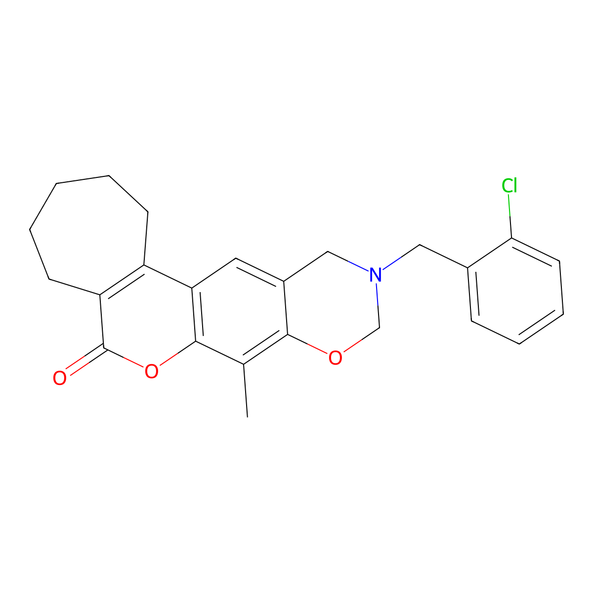 11-(2-chlorobenzyl)-8-methyl-2,3,4,5,11,12-hexahydro-10H-cyclohepta[3,4]chromeno[6,7-e][1,3]oxazin-6(1H)-one molecular structure, CAS 848730-82-5