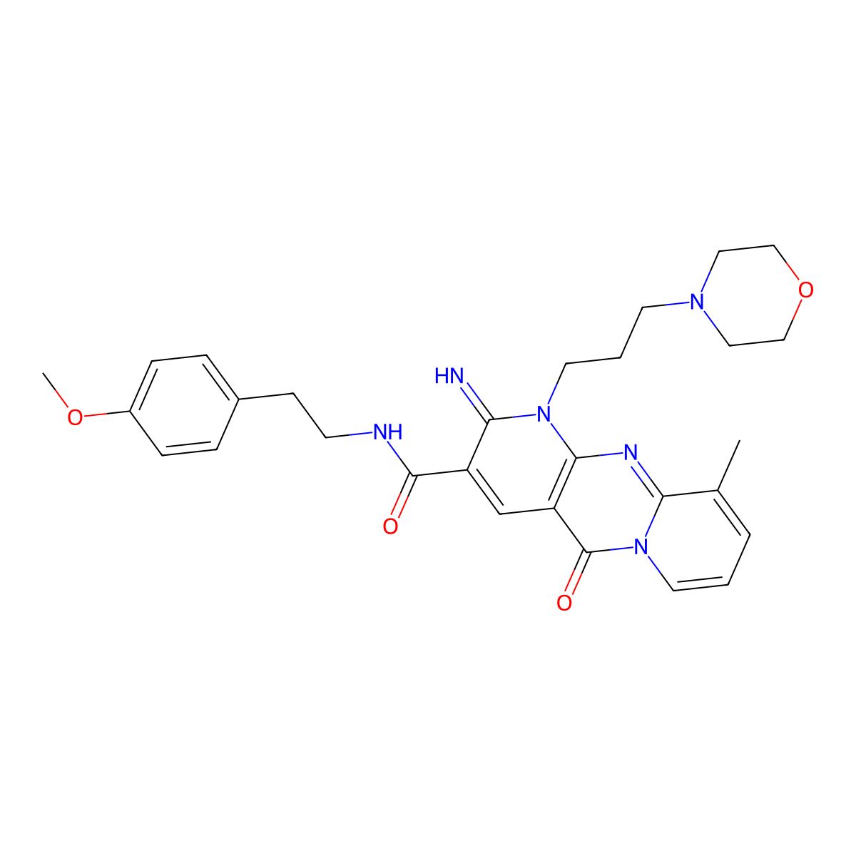 6-imino-N-[2-(4-methoxyphenyl)ethyl]-11-methyl-7-(3-morpholin-4-ylpropyl)-2-oxo-1,7,9-triazatricyclo[8.4.0.03,8]tetradeca-3(8),4,9,11,13-pentaene-5-carboxamide molecular structure, CAS 848730-97-2