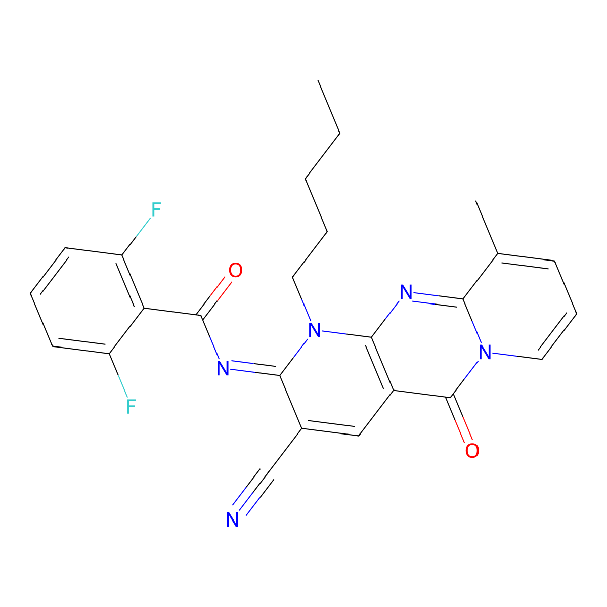 (E)-N-(3-cyano-10-methyl-5-oxo-1-pentyl-1H-dipyrido[1,2-a:2',3'-d]pyrimidin-2(5H)-ylidene)-2,6-difluorobenzamide molecular structure, CAS 848732-35-4