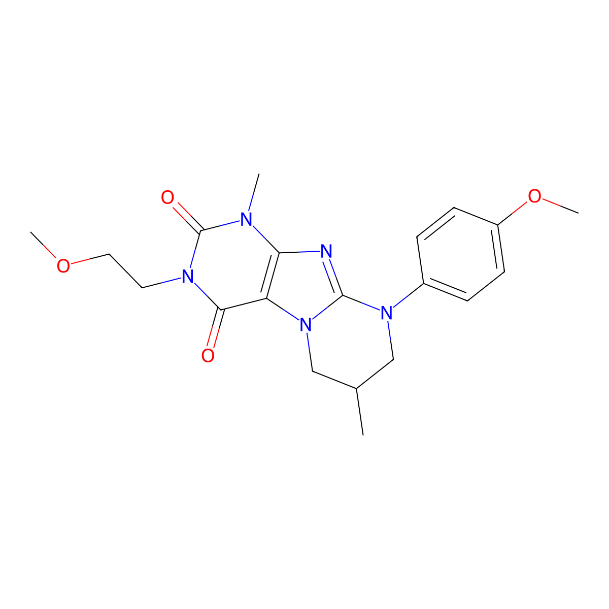 3-(2-methoxyethyl)-9-(4-methoxyphenyl)-1,7-dimethyl-6,7,8,9-tetrahydropyrimido[2,1-f]purine-2,4(1H,3H)-dione molecular structure, CAS 848732-51-4