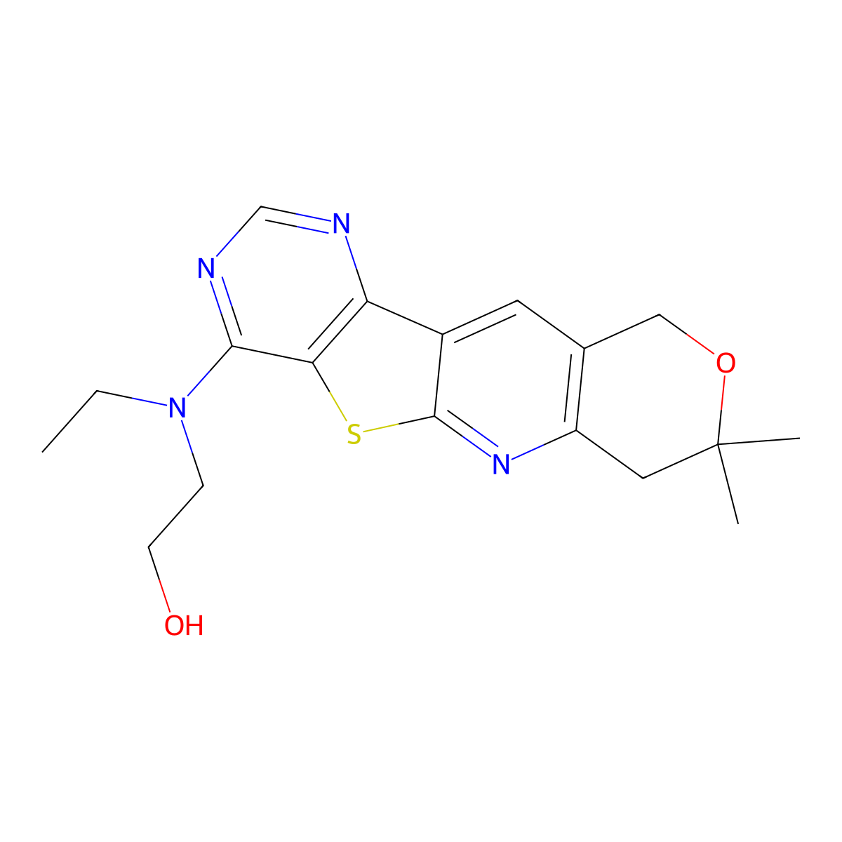 2-((8,8-dimethyl-8,10-dihydro-7H-pyrano[3'',4'':5',6']pyrido[3',2':4,5]thieno[3,2-d]pyrimidin-4-yl)(ethyl)amino)ethanol molecular structure, CAS 848733-32-4