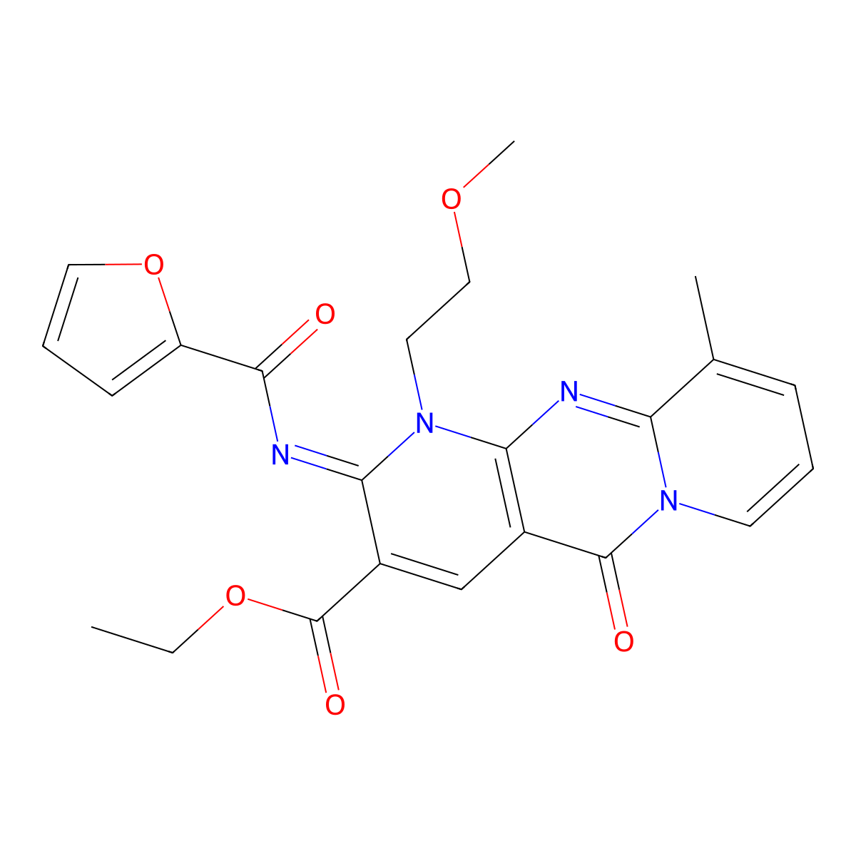 ethyl 2-(2-furoylimino)-1-(2-methoxyethyl)-10-methyl-5-oxo-1,5-dihydro-2H-dipyrido[1,2-a:2,3-d]pyrimidine-3-carboxylate molecular structure, CAS 848733-42-6