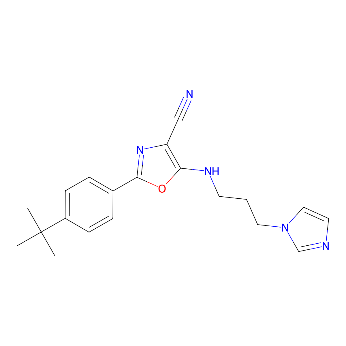 2-(4-tert-butylphenyl)-5-{[3-(1H-imidazol-1-yl)propyl]amino}-1,3-oxazole-4-carbonitrile molecular structure, CAS 848733-57-3