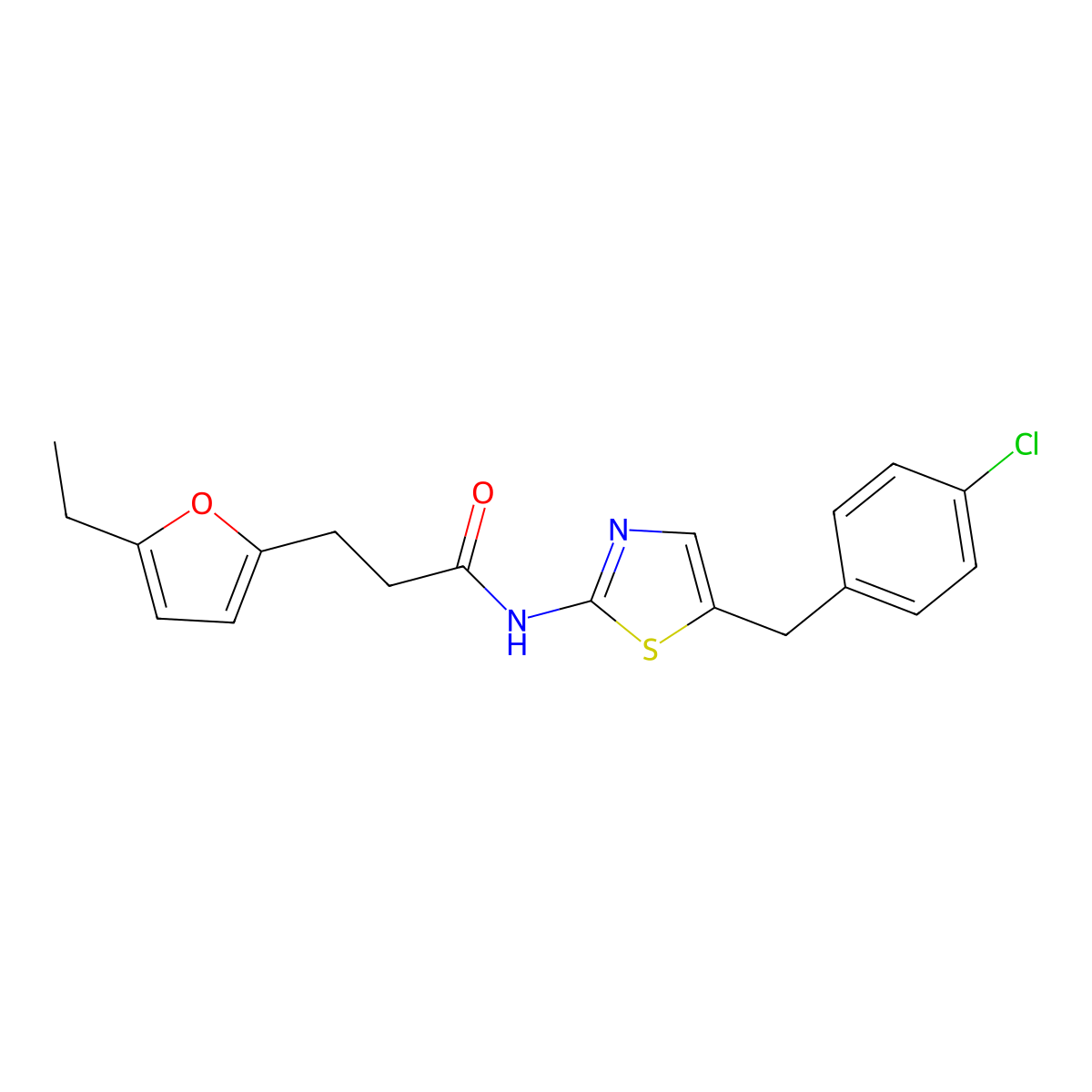 N-(5-(4-chlorobenzyl)thiazol-2-yl)-3-(5-ethylfuran-2-yl)propanamide molecular structure, CAS 848736-92-5
