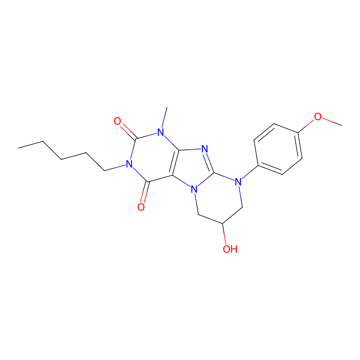 7-hydroxy-9-(4-methoxyphenyl)-1-methyl-3-pentyl-6,7,8,9-tetrahydropyrimido[2,1-f]purine-2,4(1H,3H)-dione molecular structure, CAS 848740-43-2