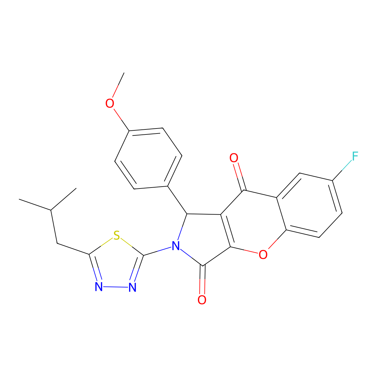 7-Fluoro-2-(5-isobutyl-1,3,4-thiadiazol-2-yl)-1-(4-methoxyphenyl)-1,2-dihydrochromeno[2,3-c]pyrrole-3,9-dione molecular structure, CAS 848740-77-2