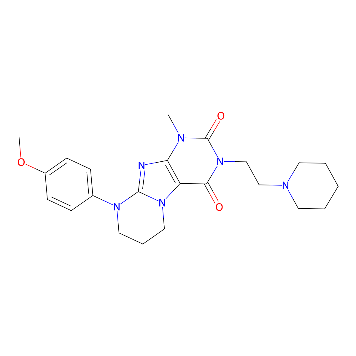 9-(4-methoxyphenyl)-1-methyl-3-(2-(piperidin-1-yl)ethyl)-6,7,8,9-tetrahydropyrimido[2,1-f]purine-2,4(1H,3H)-dione molecular structure, CAS 848740-79-4