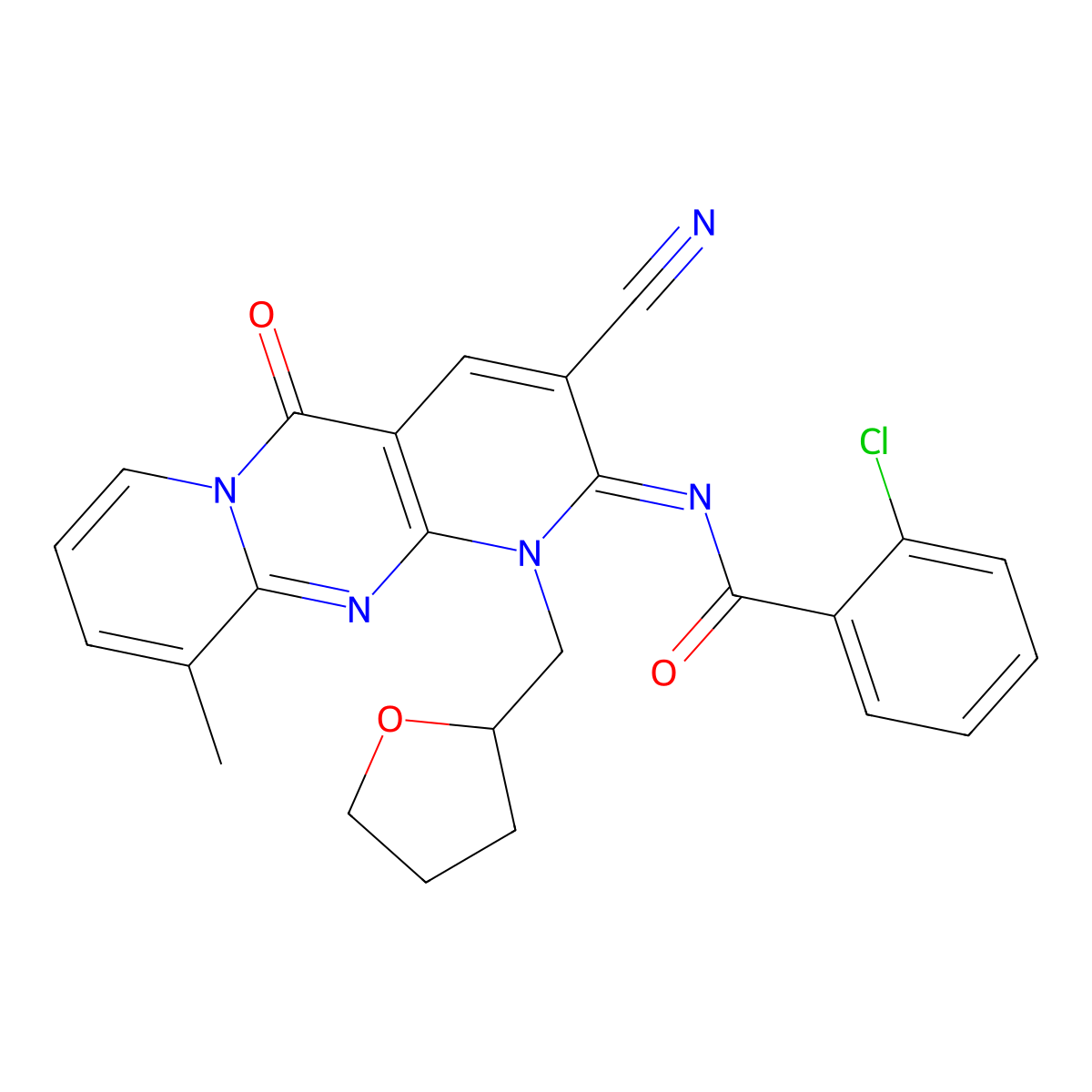 (E)-2-chloro-N-(3-cyano-10-methyl-5-oxo-1-((tetrahydrofuran-2-yl)methyl)-1H-dipyrido[1,2-a:2',3'-d]pyrimidin-2(5H)-ylidene)benzamide molecular structure, CAS 848741-26-4
