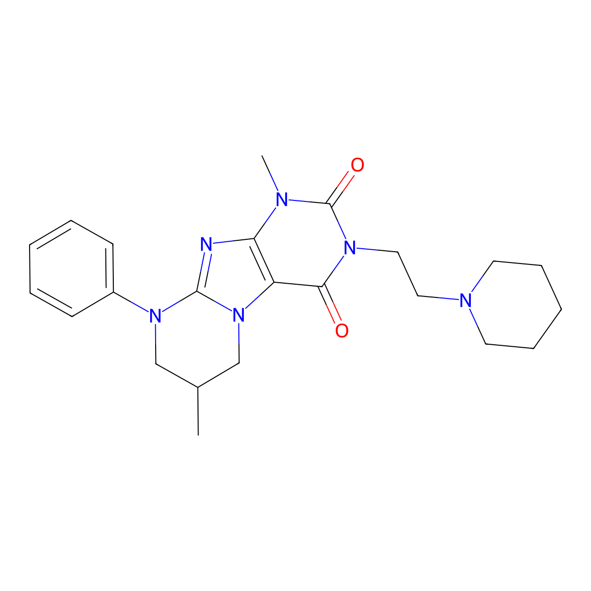 1,7-dimethyl-9-phenyl-3-[2-(piperidin-1-yl)ethyl]-1H,2H,3H,4H,6H,7H,8H,9H-pyrimido[1,2-g]purine-2,4-dione molecular structure, CAS 848742-00-7