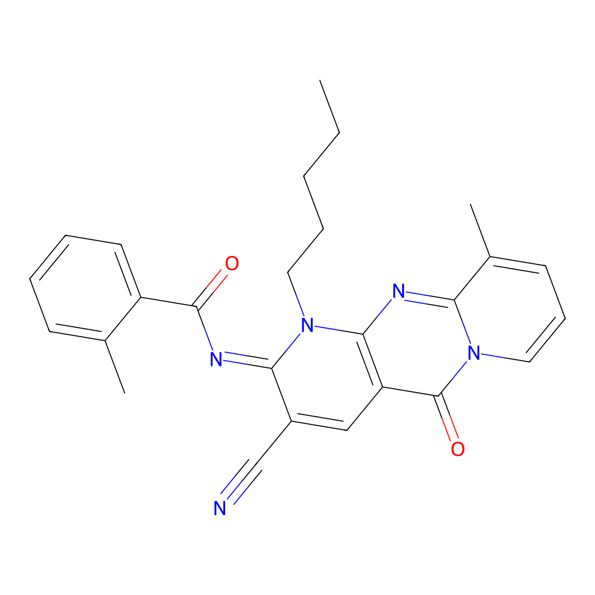 N-(3-cyano-10-methyl-5-oxo-1-pentyl-1,5-dihydro-2H-dipyrido[1,2-a:2,3-d]pyrimidin-2-ylidene)-2-methylbenzamide molecular structure, CAS 848742-18-7