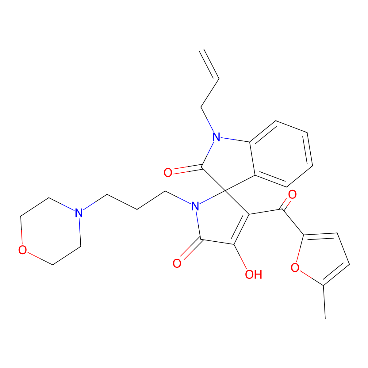3'-Hydroxy-4'-(5-methylfuran-2-carbonyl)-1'-(3-morpholin-4-ylpropyl)-1-prop-2-enylspiro[indole-3,5'-pyrrole]-2,2'-dione molecular structure, CAS 848742-45-0