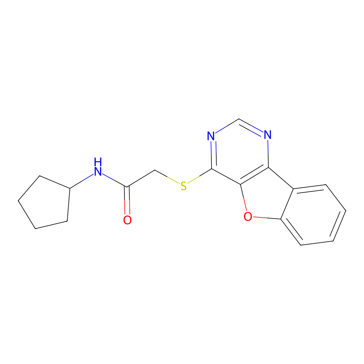 2-([1]benzofuro[3,2-d]pyrimidin-4-ylsulfanyl)-N-cyclopentylacetamide molecular structure, CAS 848742-51-8