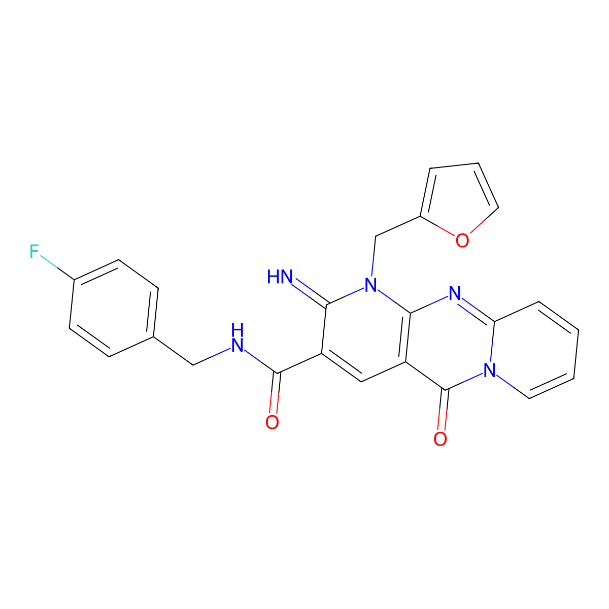2-azanylidene-N-[(4-fluorophenyl)methyl]-1-(furan-2-ylmethyl)-5-oxidanylidene-dipyrido[1,2-d:3'',4''-f]pyrimidine-3-carboxamide molecular structure, CAS 848742-66-5