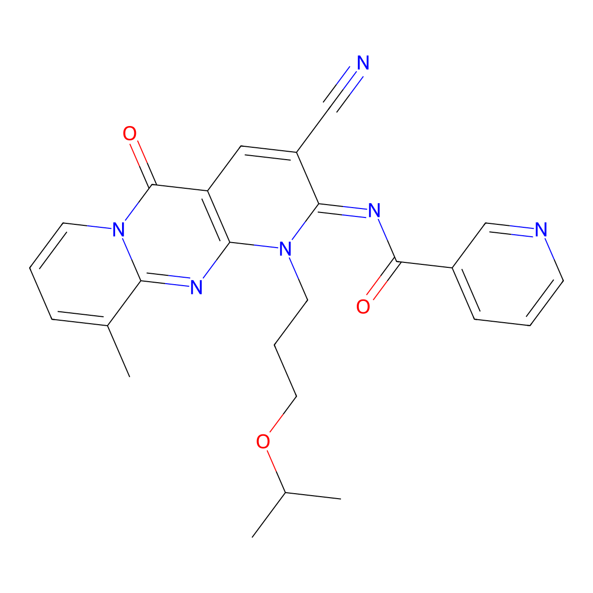 (E)-N-(3-cyano-1-(3-isopropoxypropyl)-10-methyl-5-oxo-1H-dipyrido[1,2-a:2',3'-d]pyrimidin-2(5H)-ylidene)nicotinamide molecular structure, CAS 848745-00-6