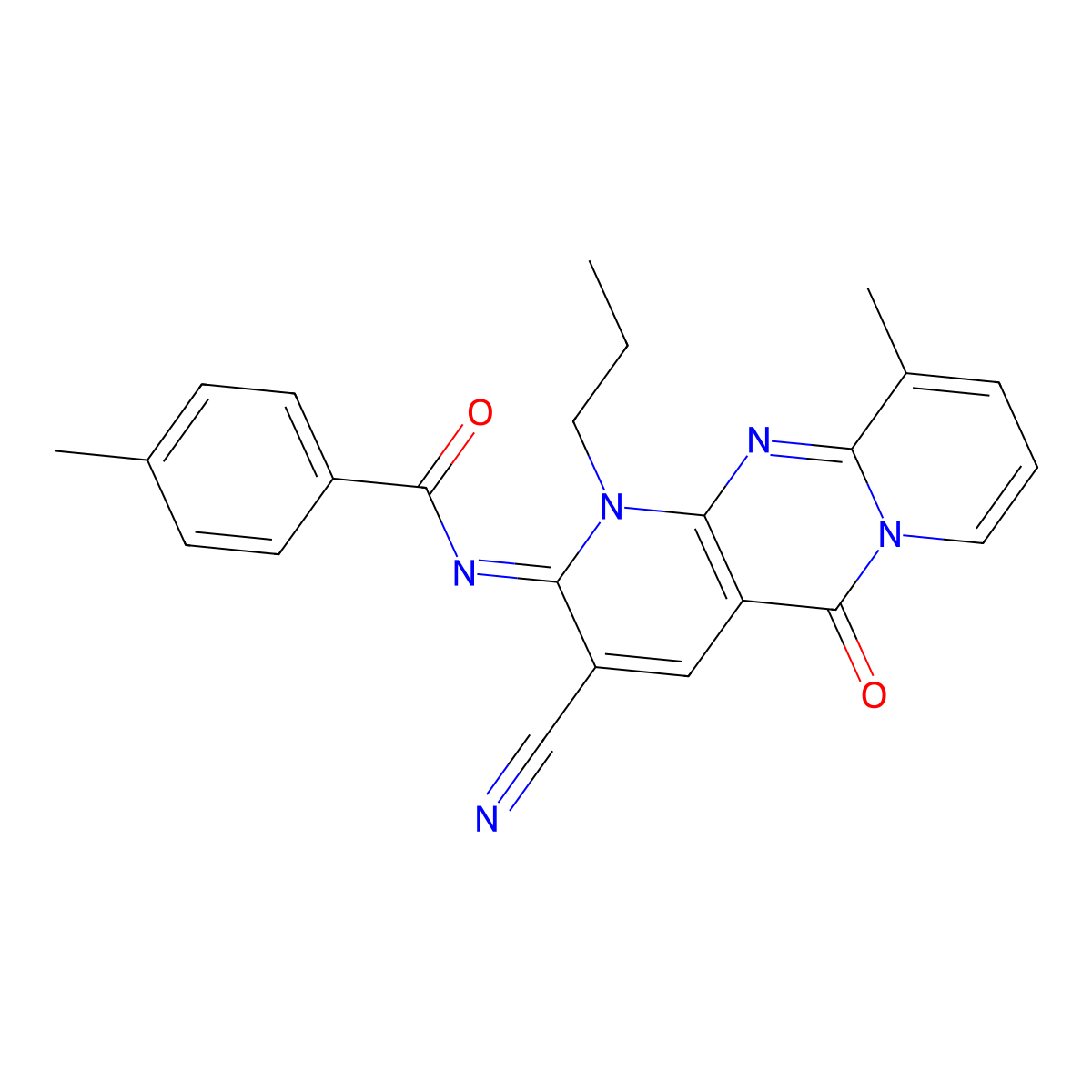 N-(3-cyano-10-methyl-5-oxo-1-propyl-1,5-dihydro-2H-dipyrido[1,2-a:2,3-d]pyrimidin-2-ylidene)-4-methylbenzamide molecular structure, CAS 848745-83-5