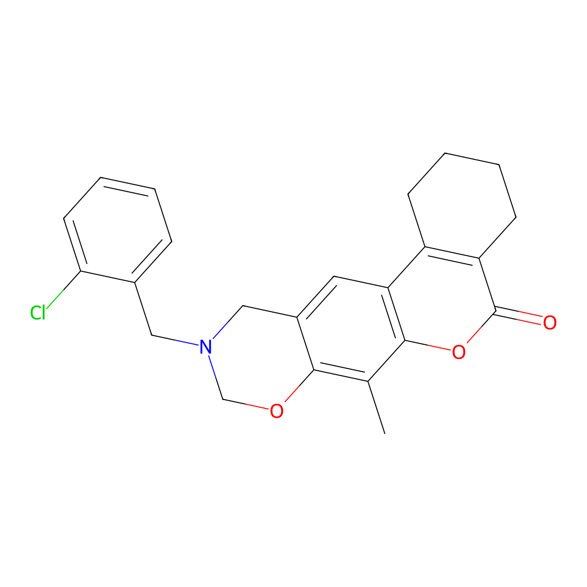 10-(2-chlorobenzyl)-7-methyl-1,2,3,4,10,11-hexahydro-5H,9H-benzo[3,4]chromeno[6,7-e][1,3]oxazin-5-one molecular structure, CAS 848746-89-4