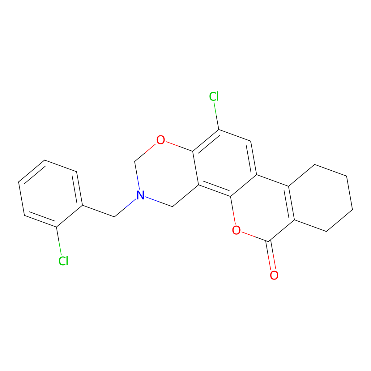 12-chloro-3-(2-chlorobenzyl)-3,4,7,8,9,10-hexahydro-2H,6H-benzo[3,4]chromeno[8,7-e][1,3]oxazin-6-one molecular structure, CAS 848747-09-1