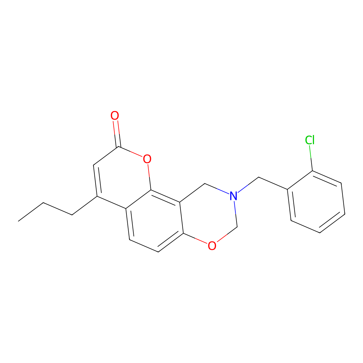 9-(2-chlorobenzyl)-4-propyl-9,10-dihydro-2H,8H-chromeno[8,7-e][1,3]oxazin-2-one molecular structure, CAS 848747-75-1