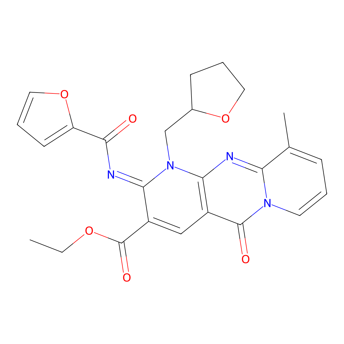 ethyl 2-(2-furoylimino)-10-methyl-5-oxo-1-(tetrahydro-2-furanylmethyl)-1,5-dihydro-2H-dipyrido[1,2-a:2,3-d]pyrimidine-3-carboxylate molecular structure, CAS 848748-27-6