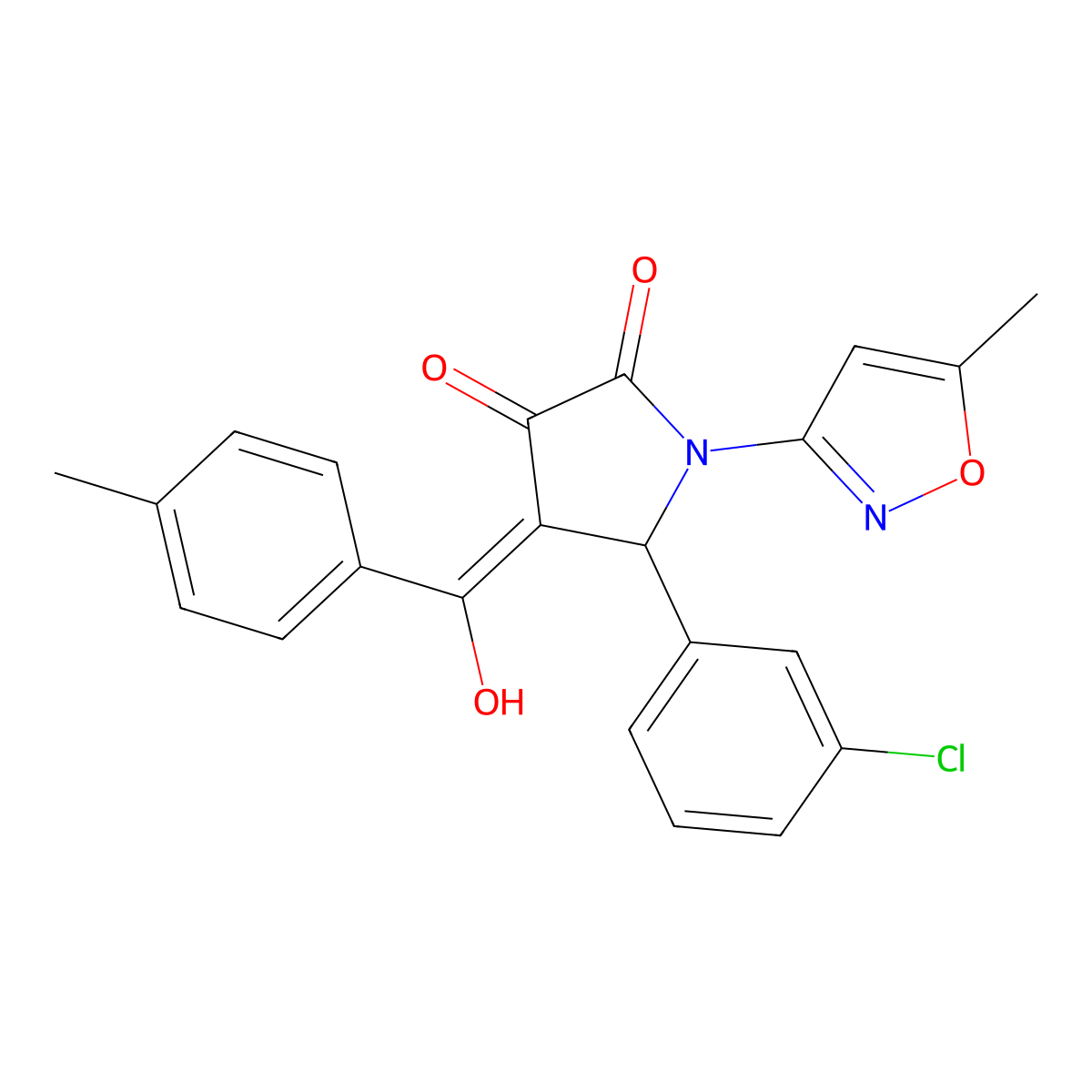 5-(3-chlorophenyl)-3-hydroxy-1-(5-methyl-1,2-oxazol-3-yl)-4-(4-methylbenzoyl)-2,5-dihydro-1H-pyrrol-2-one molecular structure, CAS 848748-47-0