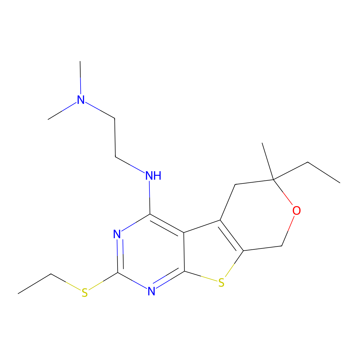 N'-(6-Ethyl-2-ethylsulfanyl-6-methyl-5,8-dihydro-6H-pyrano[4',3':4,5]thieno[2,3-d]pyrimidin-4-yl)-N,N-dim ethyl-ethane-1,2-diamine molecular structure, CAS 848748-58-3