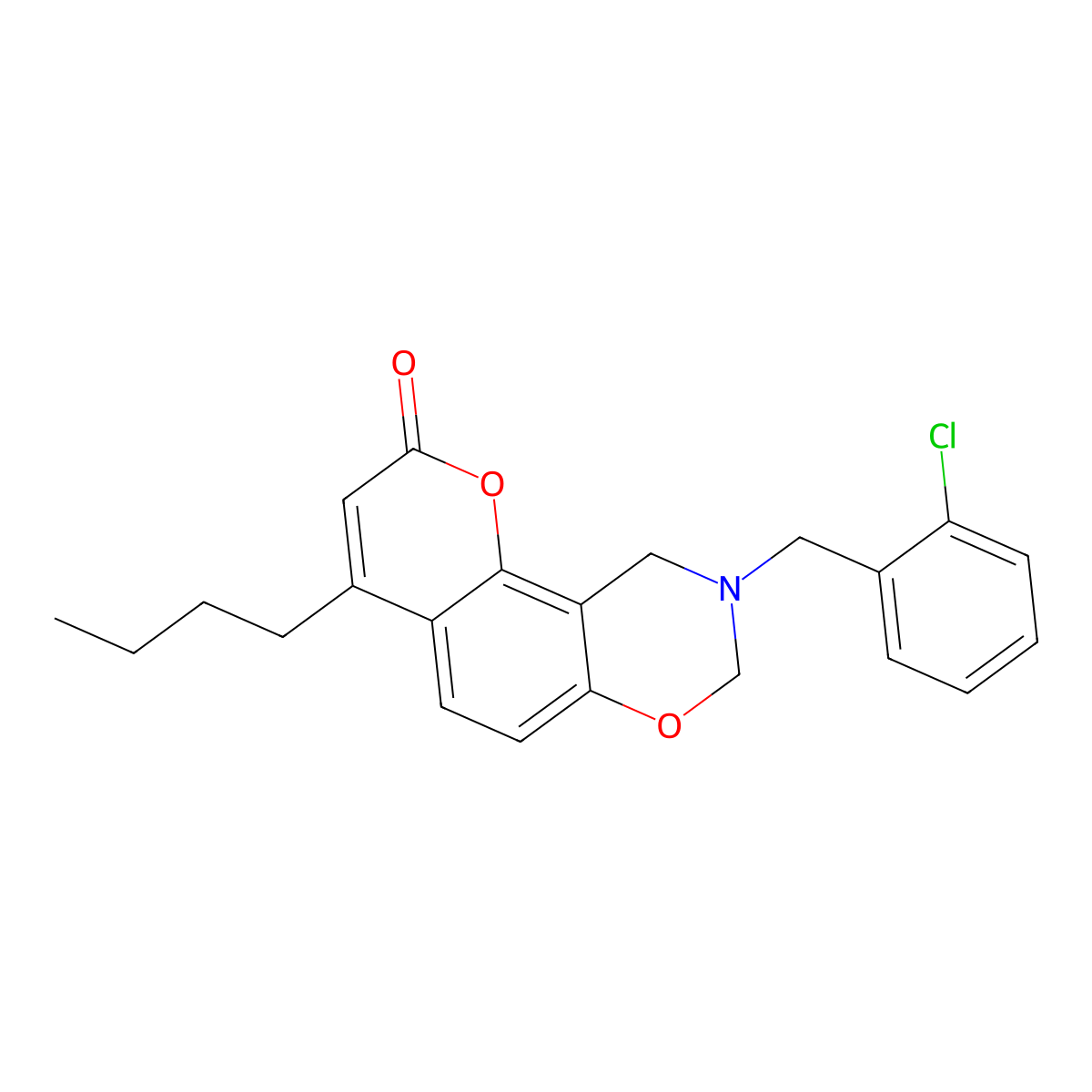 4-butyl-9-(2-chlorobenzyl)-9,10-dihydro-2H,8H-chromeno[8,7-e][1,3]oxazin-2-one molecular structure, CAS 848748-81-2