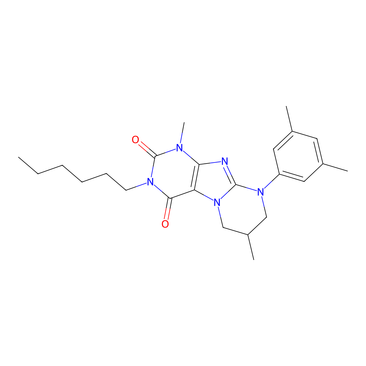 9-(3,5-dimethylphenyl)-3-hexyl-1,7-dimethyl-7,8-dihydro-6H-purino[7,8-a]pyrimidine-2,4-dione molecular structure, CAS 848748-84-5