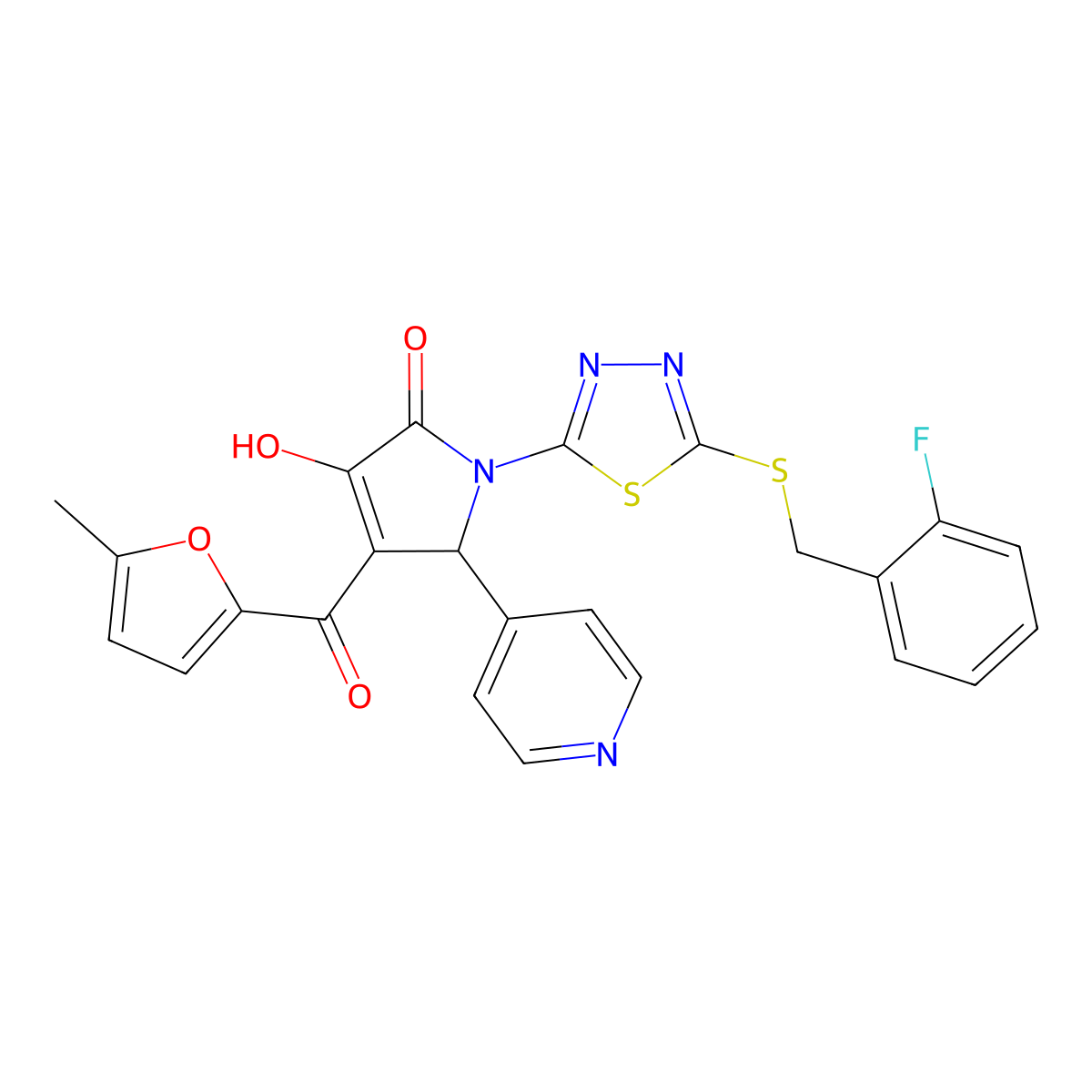 (4E)-1-{5-[(2-fluorobenzyl)sulfanyl]-1,3,4-thiadiazol-2-yl}-4-[hydroxy(5-methylfuran-2-yl)methylidene]-5-(pyridin-4-yl)pyrrolidine-2,3-dione molecular structure, CAS 848748-85-6