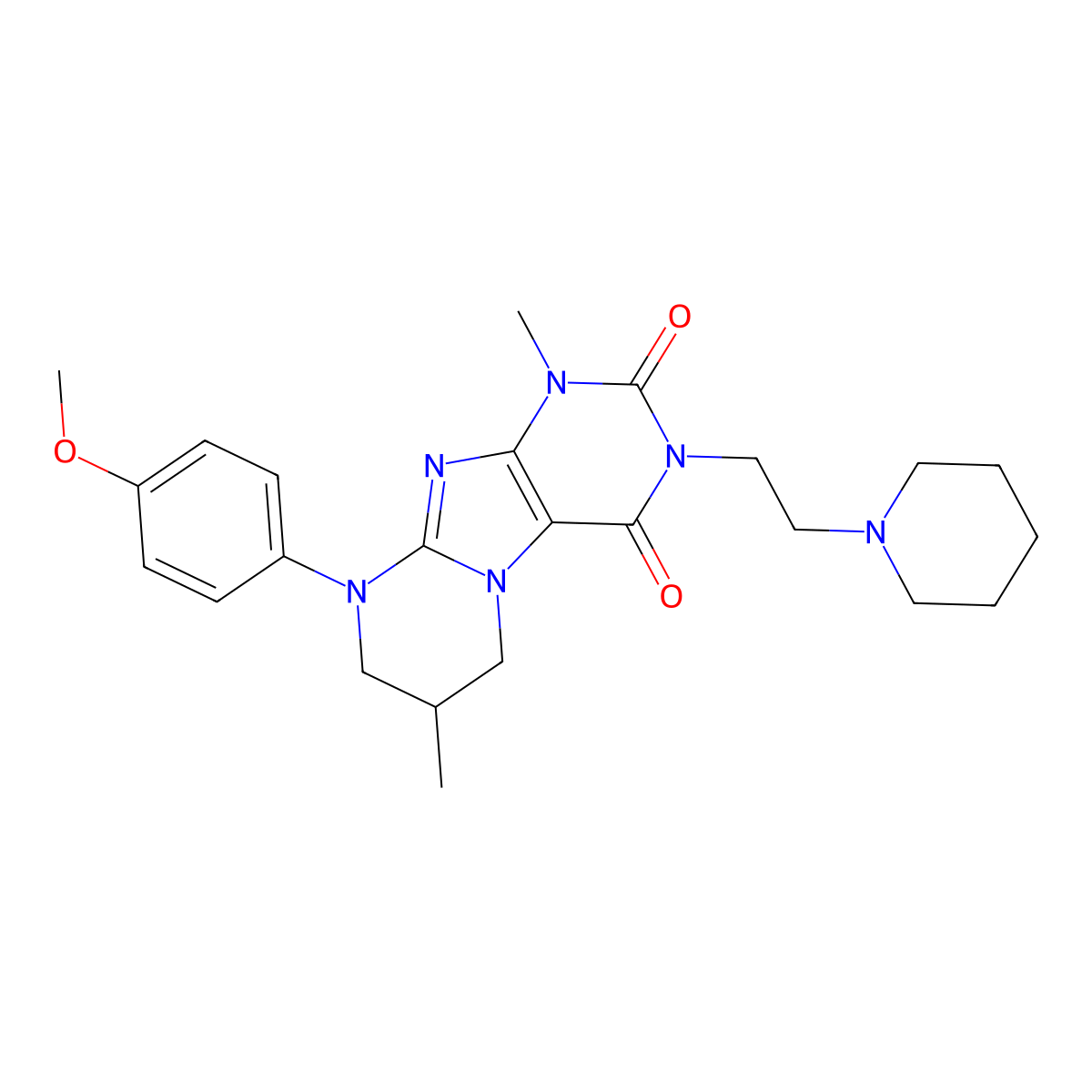 9-(4-methoxyphenyl)-1,7-dimethyl-3-(2-(piperidin-1-yl)ethyl)-6,7,8,9-tetrahydropyrimido[2,1-f]purine-2,4(1H,3H)-dione molecular structure, CAS 848748-91-4