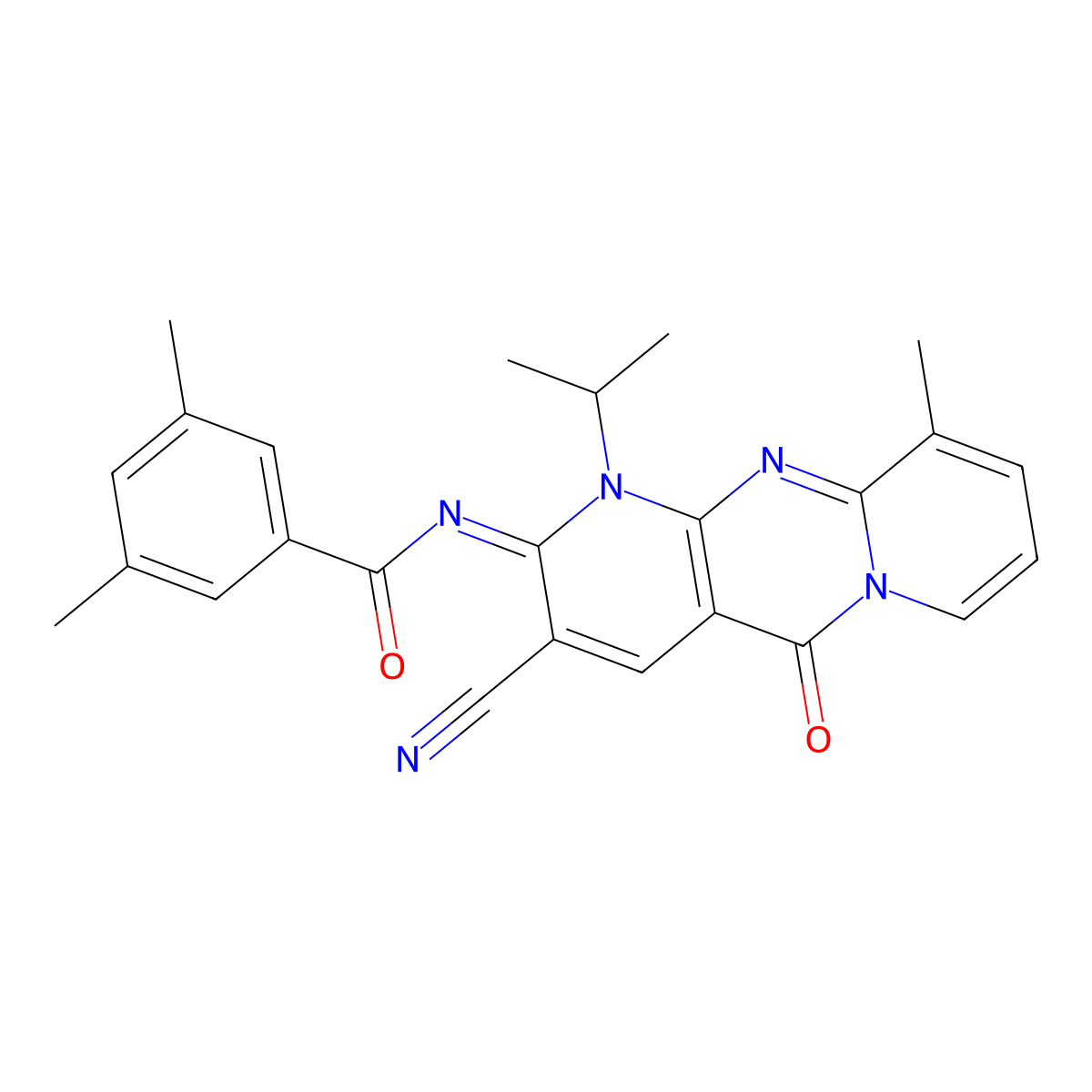 N-(3-cyano-1-isopropyl-10-methyl-5-oxo-1,5-dihydro-2H-dipyrido[1,2-a:2,3-d]pyrimidin-2-ylidene)-3,5-dimethylbenzamide molecular structure, CAS 848752-47-6