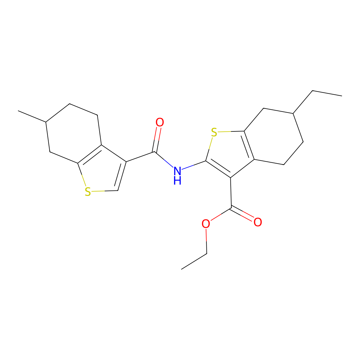 Ethyl 6-ethyl-2-(6-methyl-4,5,6,7-tetrahydrobenzo[b]thiophene-3-carboxamido)-4,5,6,7-tetrahydrobenzo[b]thiophene-3-carboxylate molecular structure, CAS 848752-60-3