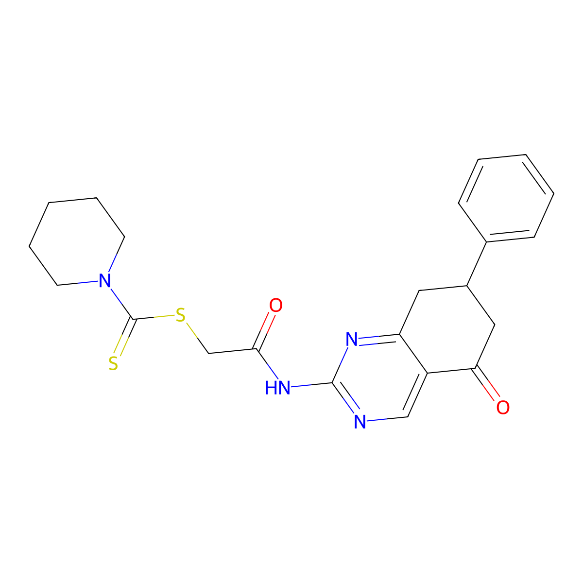 2-Oxo-2-[(5-oxo-7-phenyl-5,6,7,8-tetrahydroquinazolin-2-yl)amino]ethyl piperidine-1-carbodithioate molecular structure, CAS 848752-75-0