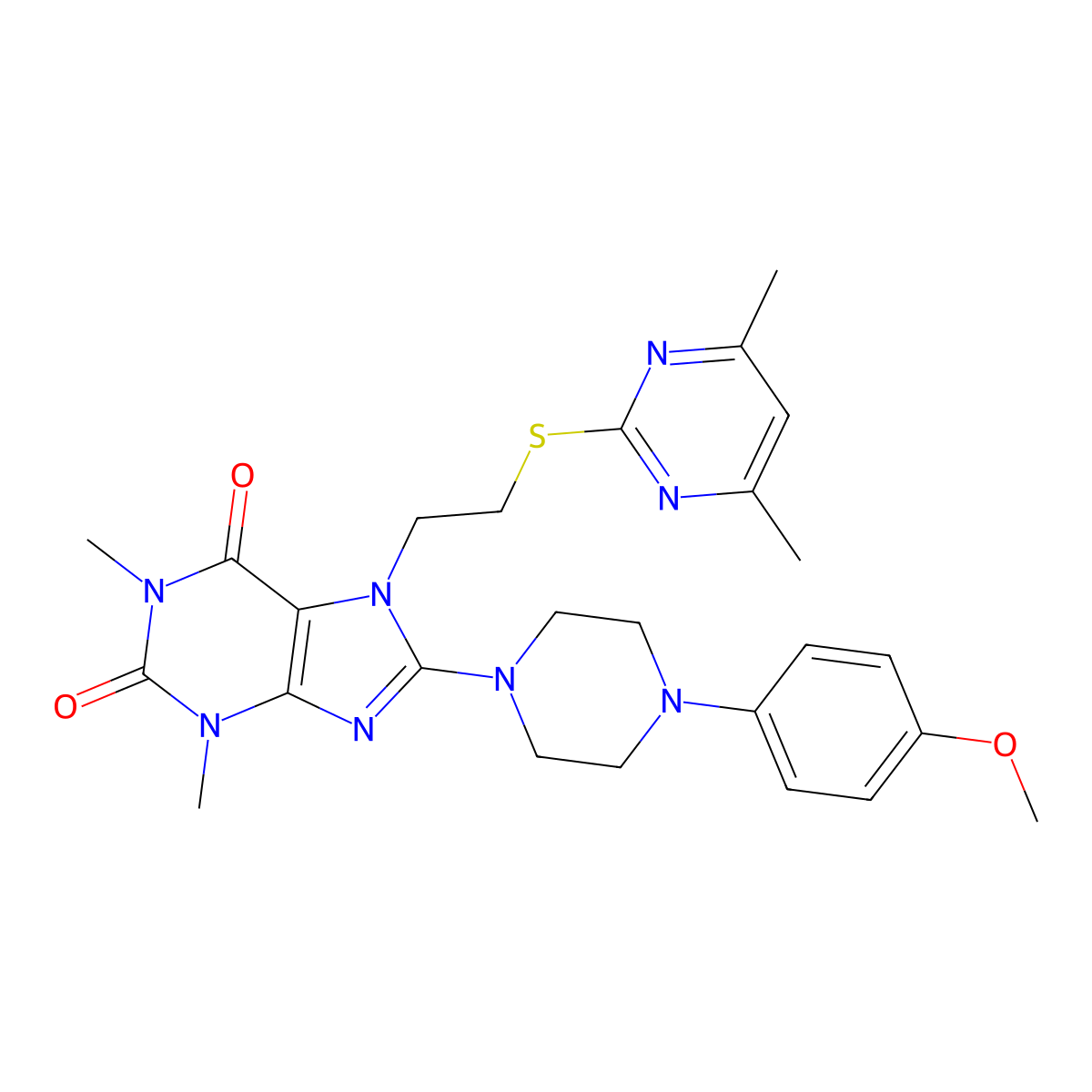 7-(2-((4,6-dimethylpyrimidin-2-yl)thio)ethyl)-8-(4-(4-methoxyphenyl)piperazin-1-yl)-1,3-dimethyl-1H-purine-2,6(3H,7H)-dione molecular structure, CAS 848753-44-6