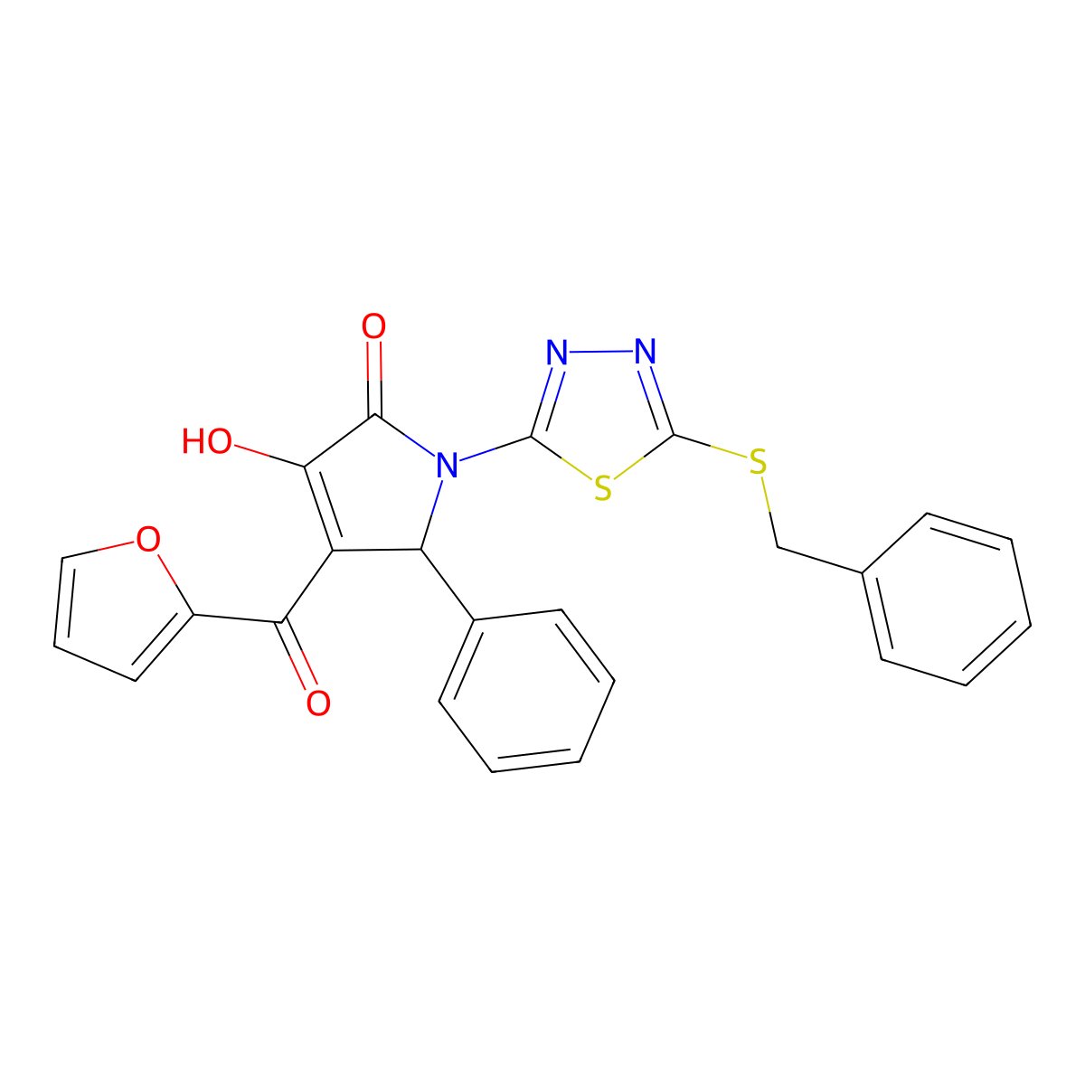 (4E)-1-[5-(benzylsulfanyl)-1,3,4-thiadiazol-2-yl]-4-[furan-2-yl(hydroxy)methylidene]-5-phenylpyrrolidine-2,3-dione molecular structure, CAS 848753-60-6