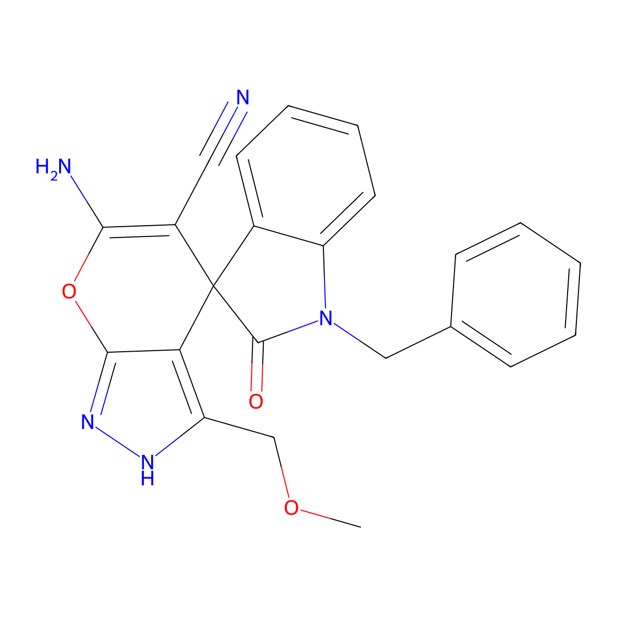 6'-amino-1-benzyl-3'-(methoxymethyl)-1,2',3,4'-tetrahydro-2-oxospiro(2H-indole-3,4'-pyrano[2,3-c]pyrazole)-5'-carbonitrile molecular structure, CAS 848754-89-2