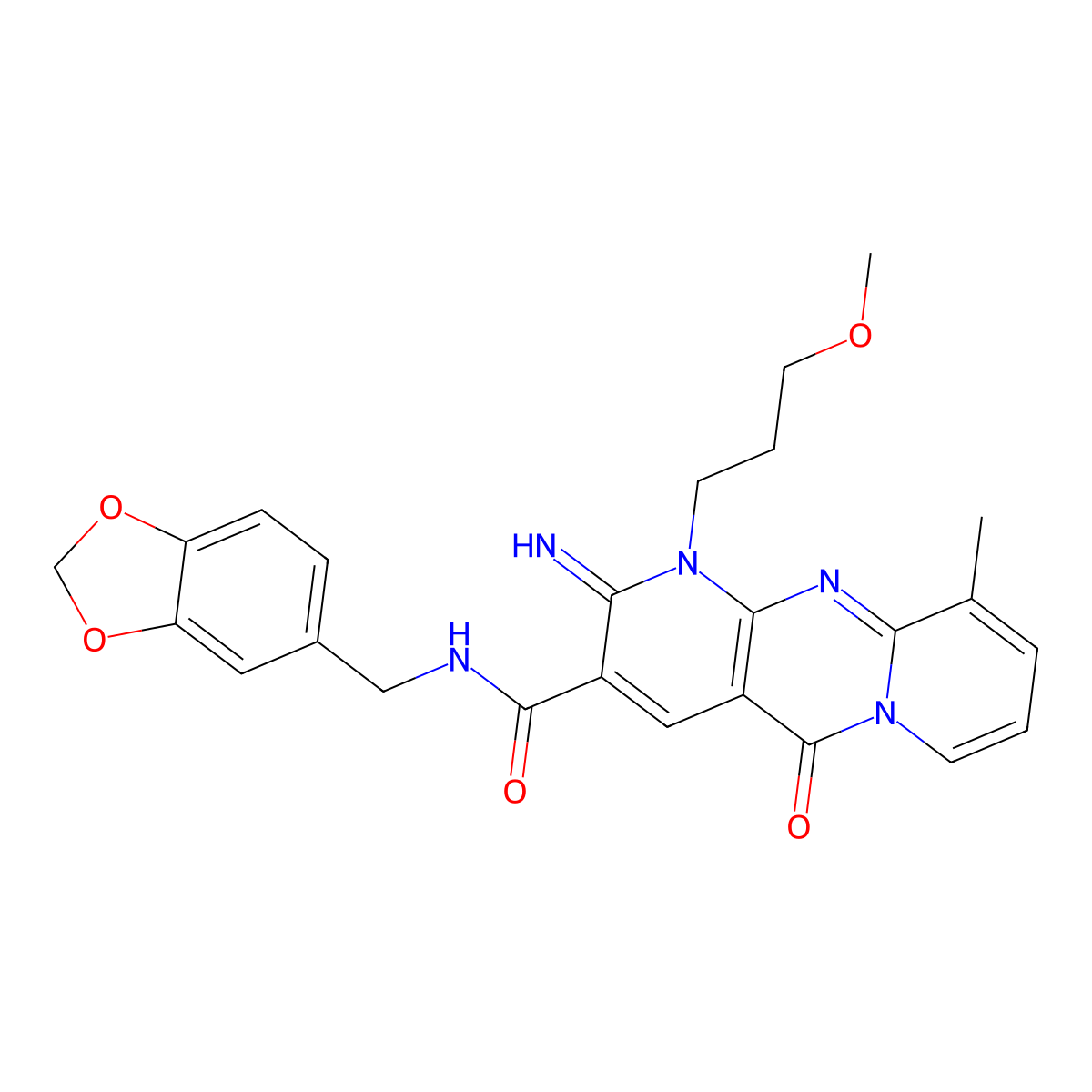 N-(1,3-benzodioxol-5-ylmethyl)-2-imino-1-(3-methoxypropyl)-10-methyl-5-oxo-1,5-dihydro-2H-dipyrido[1,2-a:2',3'-d]pyrimidine-3-carboxamide molecular structure, CAS 848755-03-3